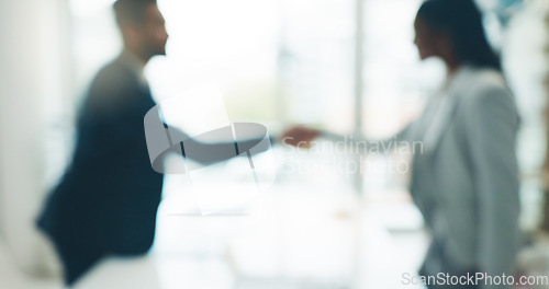 Image of Interview, blur and business people handshake for partnership and agreement in office. Thank you, corporate meeting and collaboration with shaking hands for b2b success and professional recruitment