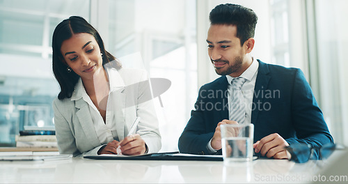 Image of Contract, deal and business people and partnership and sign agreement in office. Partnership, merger and agreement with businessman writing or sign contract paper for partnership