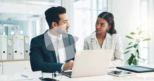 Image of Businessman, laptop and team in finance discussion, project planning or schedule at office. Asian man and business woman working on computer for corporate statistics or financial plan at workplace
