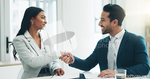 Image of Contract, interview and business people handshake for recruiting and onboarding in office. Thank you, corporate meeting and collaboration with shaking hands for hiring success and happy employees