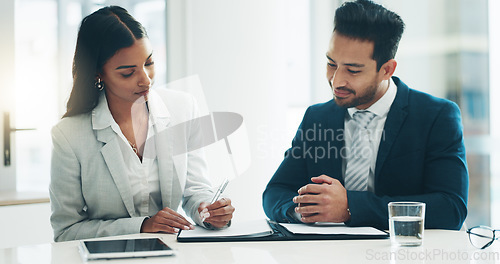 Image of Contract, deal and business people and partnership and sign agreement in office. Partnership, merger and agreement with businessman writing or sign contract paper for partnership