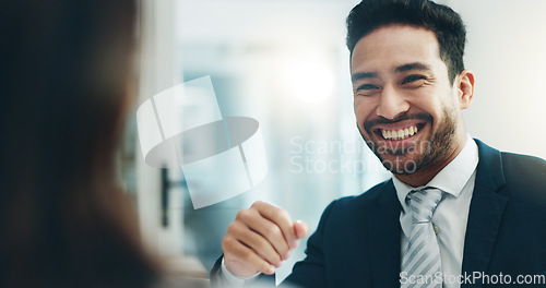 Image of Happy businessman, laughing and listening to woman for funny joke, humor or comedy at the office. Friendly asian man smile with laugh for fun business discussion, social or conversation at workplace