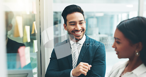 Image of Business people, teamwork and brainstorming on glass in office for agenda, collaboration and planning ideas. Man, woman and employees at board for feedback of schedule, mindmap and timeline of goals