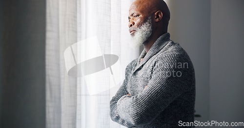 Image of Depressed, sad and senior man in home with mourning and memory with mental health problem. Elderly male person, sorry and anxiety in a house feeling disappointed in retirement with grief and fail