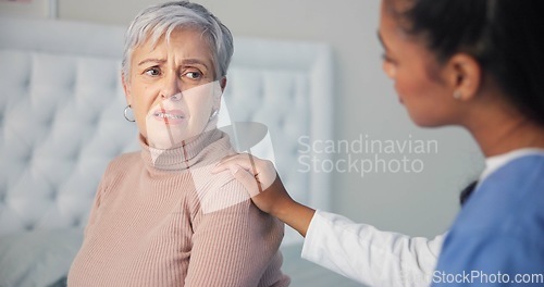 Image of Empathy, comfort and nurse with a senior woman after a cancer diagnosis in retirement home. Healthcare, consultation and sad elderly female patient listening to doctor at medical checkup in bedroom.