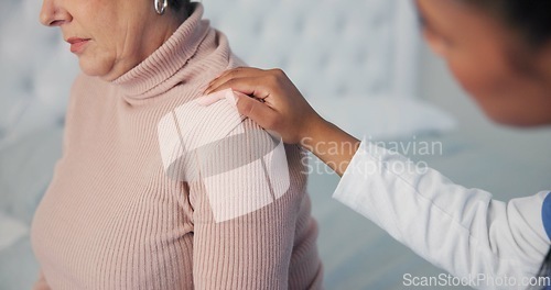 Image of Comfort, sympathy and closeup of a nurse hand on a woman after a cancer diagnosis in retirement home. Healthcare, consultation and elderly female patient with a doctor at medical checkup in bedroom.