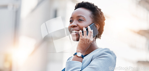 Image of Business, phone call and black woman in city with smile, conversation and mobile networking on mockup space. Banner, face and happy worker talk on smartphone for contact, chat and thinking in street