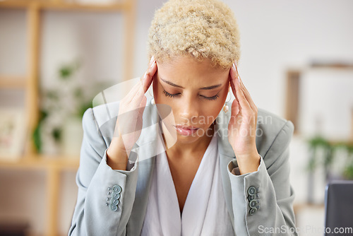 Image of Stress, headache and business woman in office with problem, mistake and burnout pressure. Startup, fail and female manager with migraine, vertigo and brain fog, pain and mental health anxiety crisis