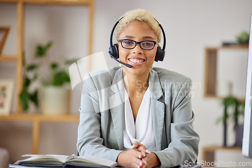 Image of Call center, portrait and business woman in office consulting for crm, contact us or customer support. Smile, face and female lead generation consultant with friendly, virtual and b2b online help