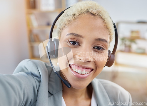 Image of Call center, selfie and business woman in office consulting for crm, contact us or customer support. Happy, face and lady consultant smile for profile picture, blog or lead generation social homepage