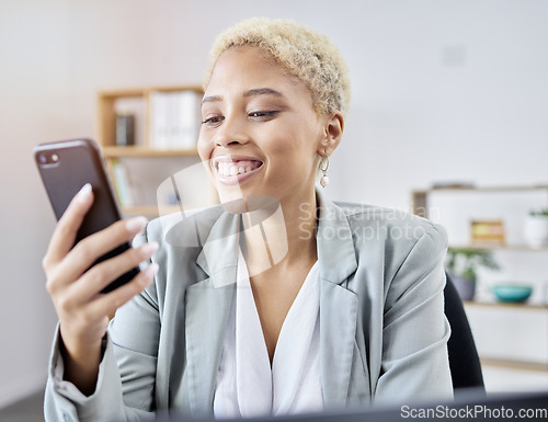 Image of Phone, smile and business woman in office with message, texting or social media communication. Smartphone, app and happy female with chat, app or online dating, networking or notification at work