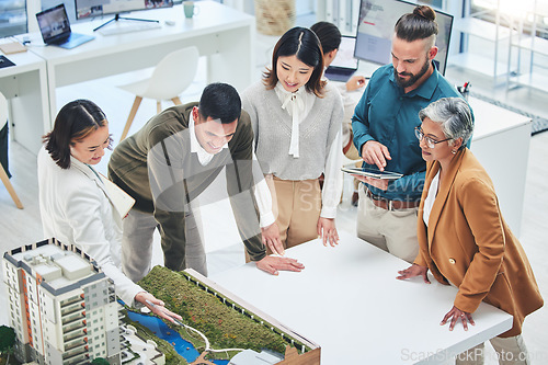 Image of Creative people, real estate and meeting with 3d model for building design, architecture or property at office. Architect team or group in project discussion, planning or brainstorming at workplace