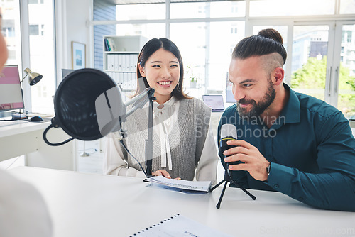 Image of Man, woman or radio presenter on microphone, news and interview with smile, finance advice and talk show. Podcast, recording and business people with speech, happy and info on live stream in studio