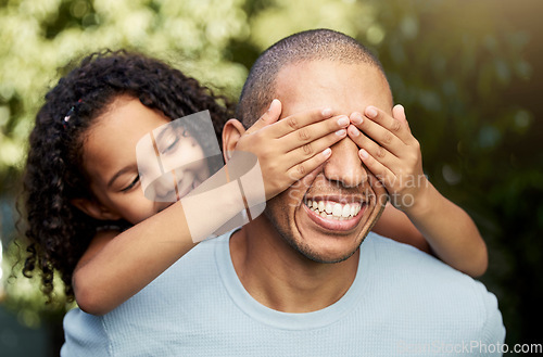 Image of Cover, eyes or father playing with child in garden, backyard or nature park for fun games on holiday together. Happy family, dad or girl with hands on face with smile or love in summer for bonding