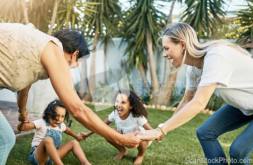 Image of Grandma, play or mom with children in backyard bonding as a happy family in a fun game with love. Laughing, grandmother or excited kids holding hands with parent or mother in garden outside at home