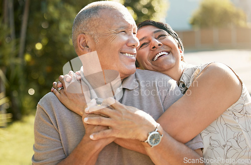 Image of Love, hug and happy old couple in garden, laugh and marriage with retirement together in nature with trees. Funny outdoor embrace, senior man and woman in backyard to relax with romance and smile.