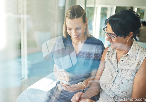 Image of Happy woman, nurse and phone with senior in elderly care for support, consultation or healthcare diagnosis at home. Mature female person and caregiver or medical professional on mobile smartphone app