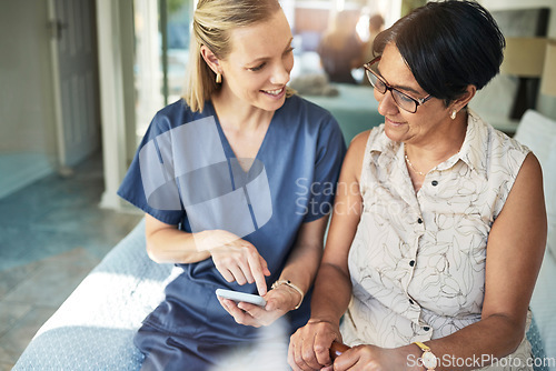 Image of Happy woman, nurse and phone in elderly care for support, consultation or healthcare diagnosis at home. Female person, caregiver or medical professional on mobile smartphone to help senior patient