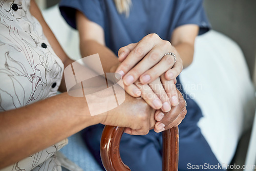 Image of Support, nurse and holding hands with senior patient for hope, empathy and healthcare. Medical, compassion and kindness with closeup of people in nursing home for volunteer, help and retirement