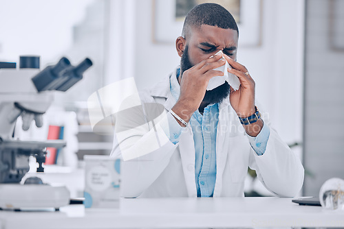 Image of Scientist, man and sick nose in laboratory of cold, allergies and medical virus. African worker, science researcher and sneeze for health, allergy risk and tissue for disease, sinusitis and influenza