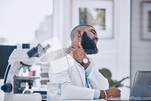 Image of Neck pain, scientist and man working in laboratory with stress, joint inflammation or arthritis risk. Tired african employee, science and muscle injury from tension, burnout or fatigue of bad posture