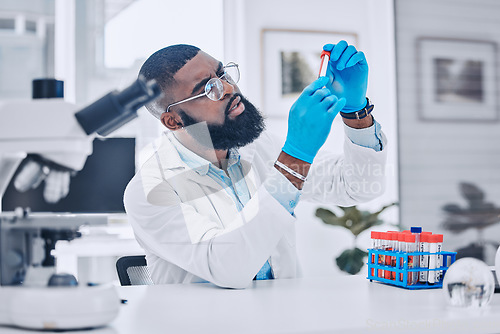 Image of Sample analysis, lab and a scientist with blood for science, pharmaceutical healthcare or results. Focus, doctor or a black man with a dna vial for virus test, technician work or expert check