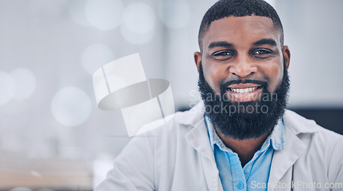 Image of Scientist, black man and face smile in laboratory, research or health, test or experiment on bokeh. African science expert, happy doctor portrait and medical professional, employee or worker in Kenya