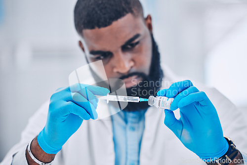 Image of Medicine, science and vaccine with black man in laboratory for research, pharmacy and cure. Healthcare, medical and injection with scientist and syringe for virus, expert and pathology testing