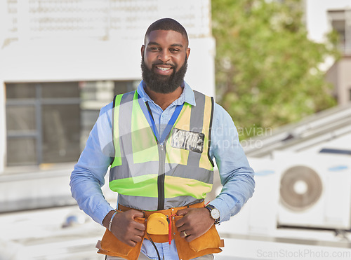 Image of Black man, portrait and construction, maintenance and engineer with smile and architecture outdoor. African male contractor, professional renovation and urban infrastructure, handyman with tools