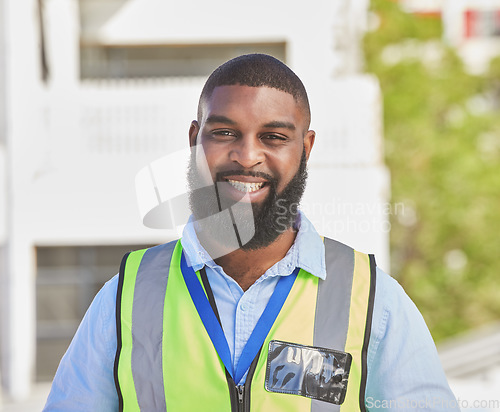 Image of Black man, portrait and construction worker, maintenance and engineering with smile and architecture outdoor. African male person, renovation and contractor with urban infrastructure and handyman