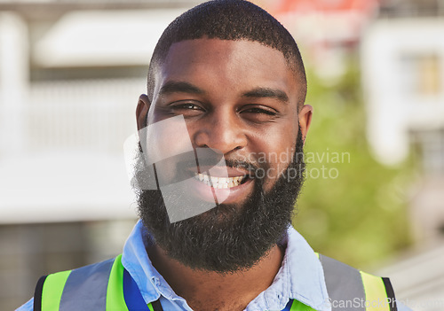 Image of Black man, smile in portrait and construction worker, maintenance and engineering and architecture outdoor. African male person, renovation and contractor with urban infrastructure and handyman