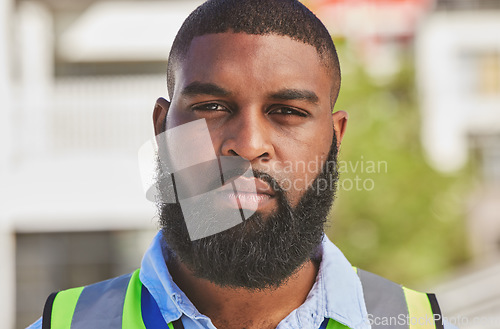 Image of Black man, portrait and construction worker, maintenance and headshot with and engineering and architecture outdoor. Male person, renovation and contractor with urban infrastructure and handyman