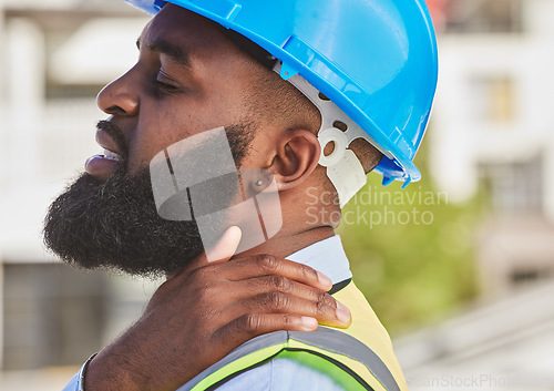 Image of Black man, architect or hand on neck pain, injury accident or muscle tension on city rooftop. Hurt engineer, stress or injured contractor with sore ache or joint inflammation at construction site