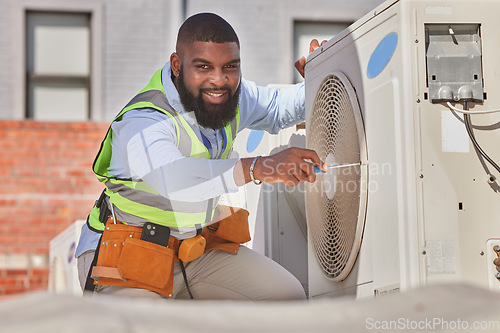 Image of Black man, portrait and maintenance, AC repair and engineering with smile and labor outdoor. African male person, fixing air conditioner and urban infrastructure with tools and electrician on rooftop