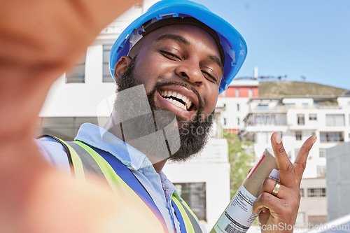 Image of Engineer, selfie and peace with a man outdoor in a city for architecture, building and construction. Face of a happy African male worker or technician for social media, profile picture or memory