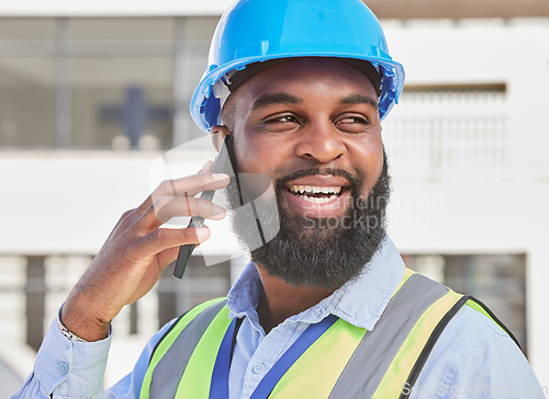 Image of Engineering, phone call and smile with black man in city for architecture, communication and contact. Building, construction and project management with contractor for technology and connection