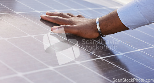 Image of Hand, solar panels and inspection with eco friendly power, electricity supply and renewable energy with sustainability. Person check grid, photovoltaic and environment, quality assurance and engineer