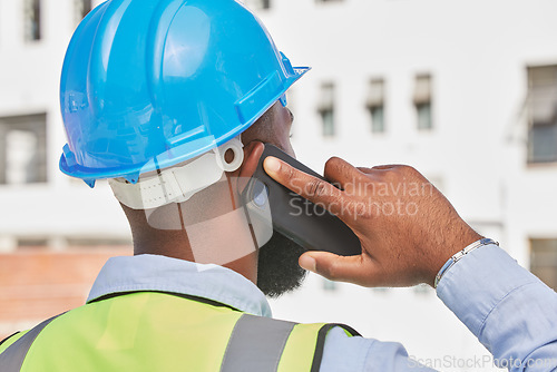 Image of Architecture, phone call and back of black man in city for engineering, communication and contact. Building, construction and project management with contractor for technology and connection