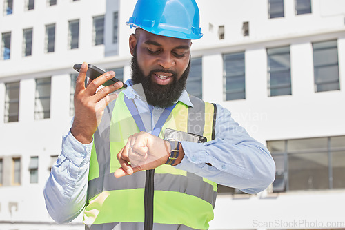 Image of Black man, time or architect on a phone call or construction site speaking of building schedule or project. Voice speaker, talking or African designer in communication or discussion about engineering