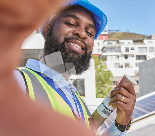 Image of Engineer, selfie and smile of a man outdoor in a city for architecture, building and construction. Face of a happy African male worker or technician for social media, profile picture or development