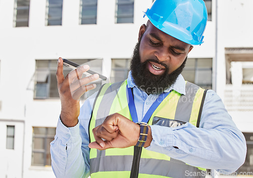 Image of Watch, man or architect on a phone call or construction site speaking of building time schedule or project. Voice speaker, talking or African designer in communication or discussion about engineering
