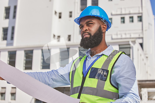 Image of Engineering, thinking or contractor with blueprint on construction site for infrastructure inspection. Black man, floor plan or African designer working on maintenance, architecture or development