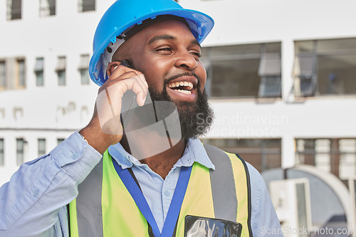 Image of Architecture, phone call and funny with black man in city for engineering, communication and contact. Building, construction and project management with contractor laughing for technology and network