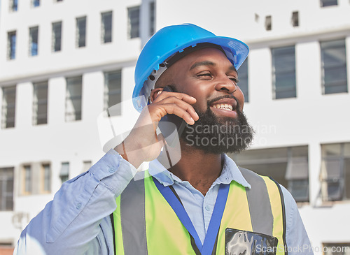 Image of Engineering, phone call and happy with black man in city for architecture, communication and contact. Building, construction and project management with contractor for technology and connection