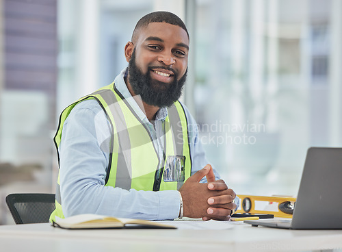Image of Architecture, portrait or laptop with black man in office for engineering, research or building design. Technology, construction planning or face of contractor working online on project management