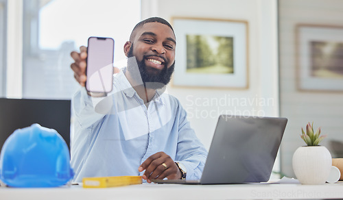 Image of Black man, architect or phone mockup in office for communication, construction update or networking. Smile, screen or portrait of happy engineer on mobile app display or mock up space on Internet