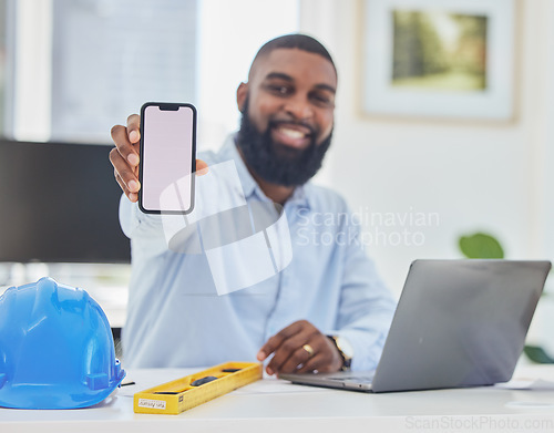 Image of Black man, engineer or phone mockup in office for communication, construction update or networking. Smile, screen or portrait of happy architect on mobile app display or mock up space on Internet