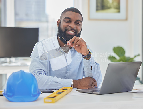 Image of Engineering, laptop or portrait of black man in office for architecture, research or building design. Technology, construction planning or face of happy designer working online on project management