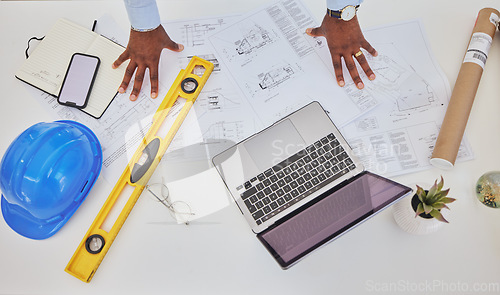 Image of Engineering, laptop or top view of hands in office for architecture, research or building design. Technology, man or designer working online on project management, blueprint or construction planning