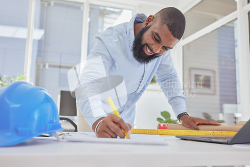 Image of Engineering, happy or black man drawing in office for architecture, research or building design. Smile, sketch or African designer working on project management, blueprint or construction planning